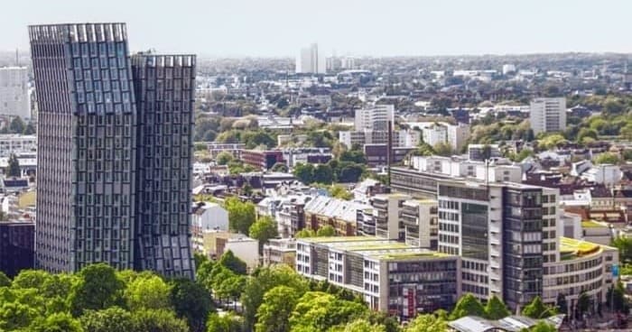 Urban skyline and residential highrises, panoramic Hamburg city view