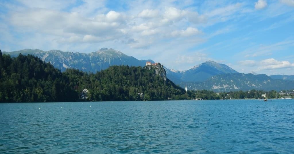 Mountain lake panorama near Lake Bled, Slovenia, calm waters