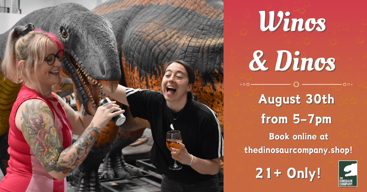 Adults tasting wine beside life-size dinosaur exhibit at festival