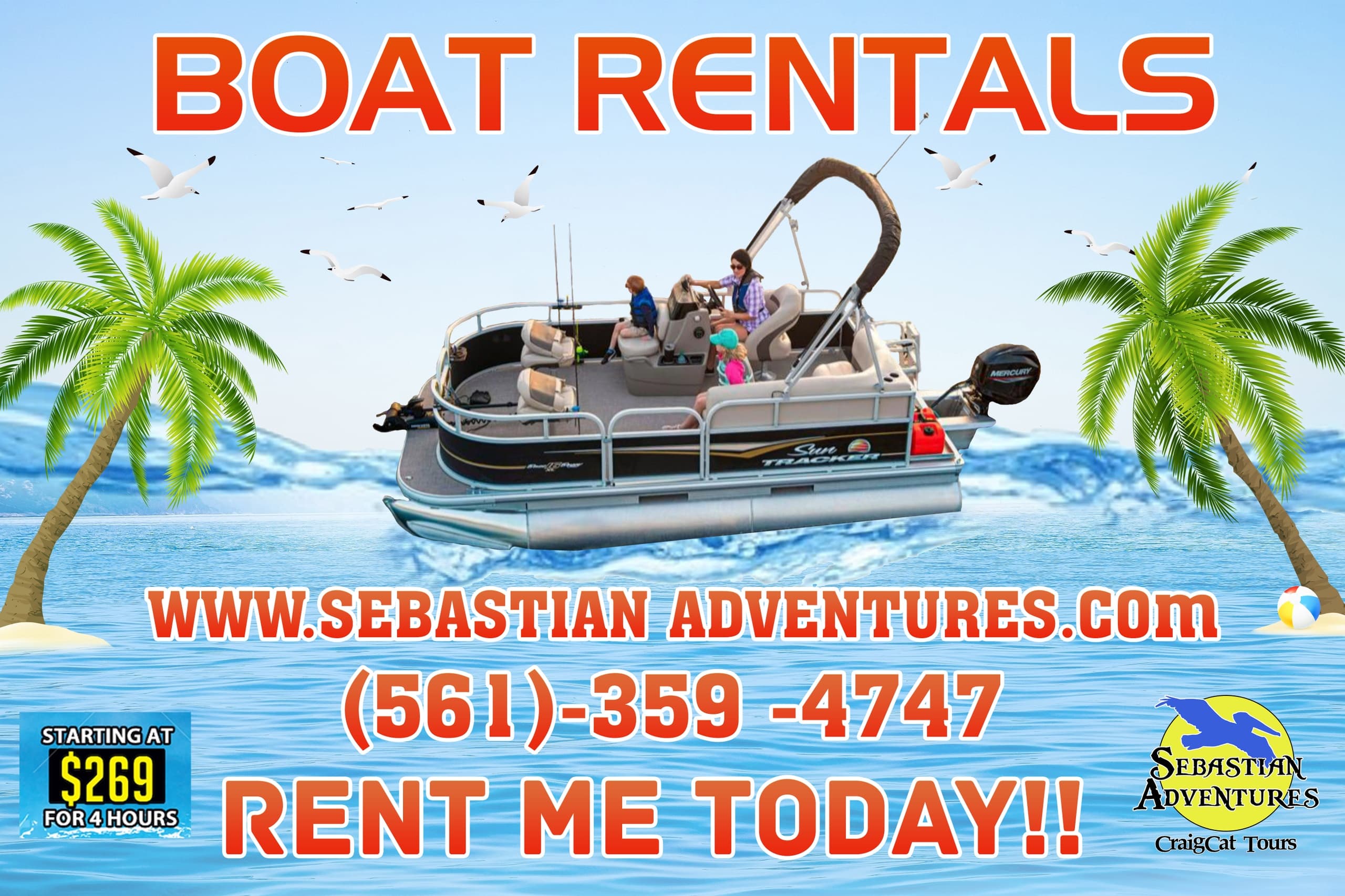 Pontoon boat rental on sunny Florida coast cruising palm-fringed waters