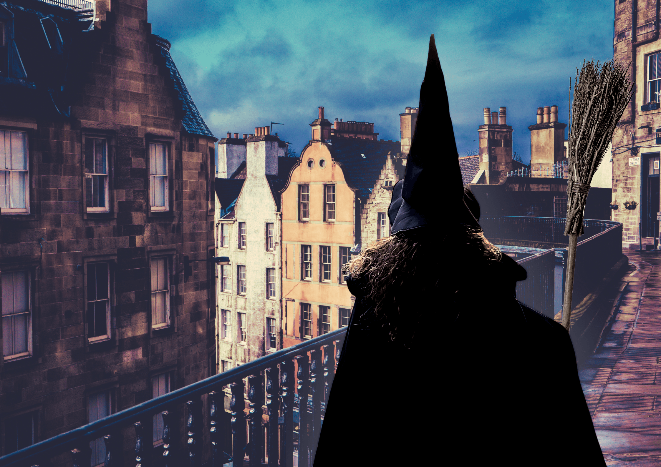 Witch walking tour silhouette on historic city balcony with row houses