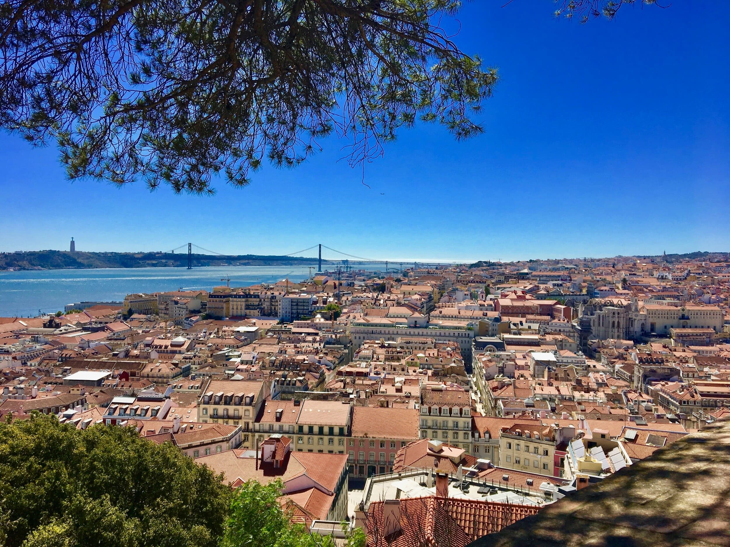 Lisbon cityscape panorama from hilltop overlooking Tagus estuary