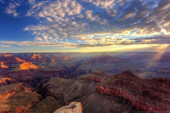 Grand Canyon panoramic viewpoint at sunset, scenic rim hiking