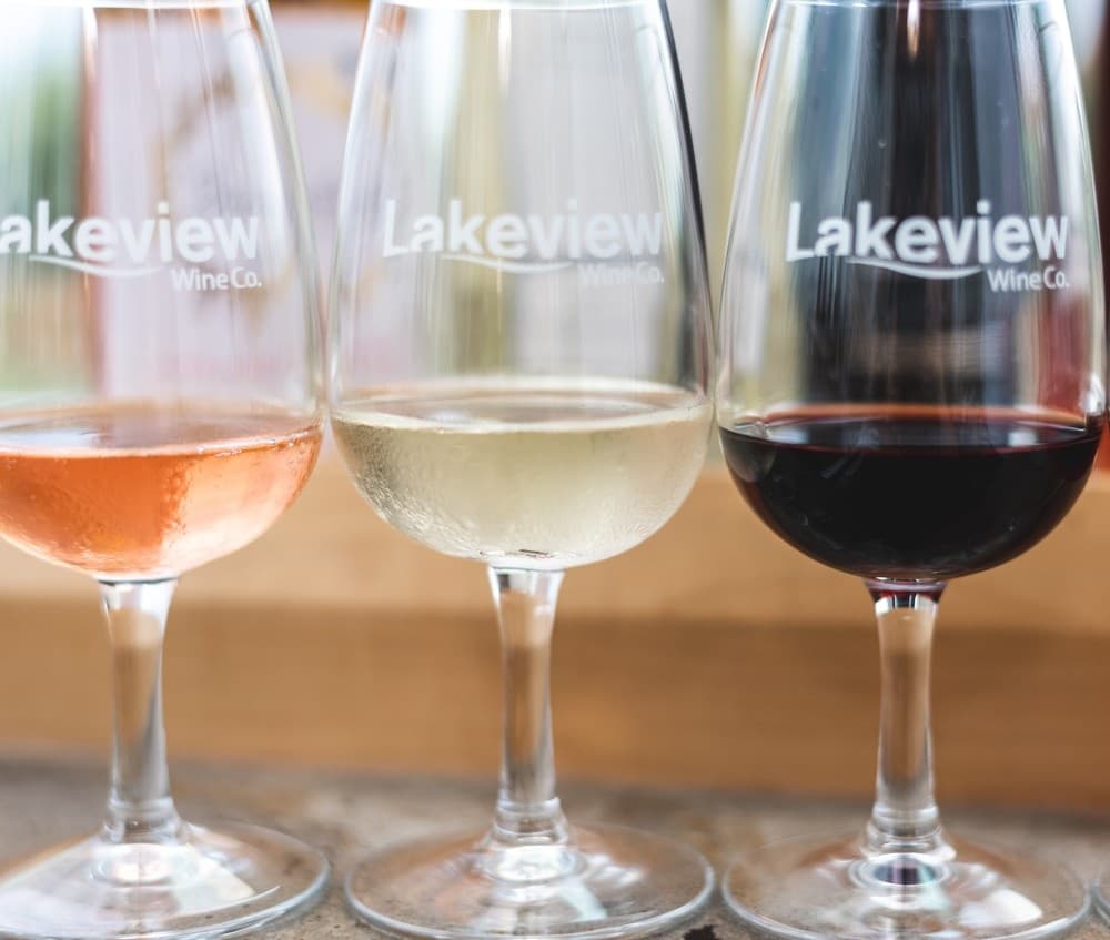 Three wine glasses (red, white, rosé) branded Lakeview near window