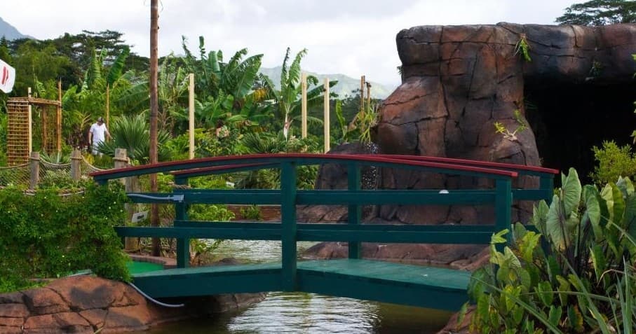 Wooden footbridge over tropical garden pond at Kauai resort
