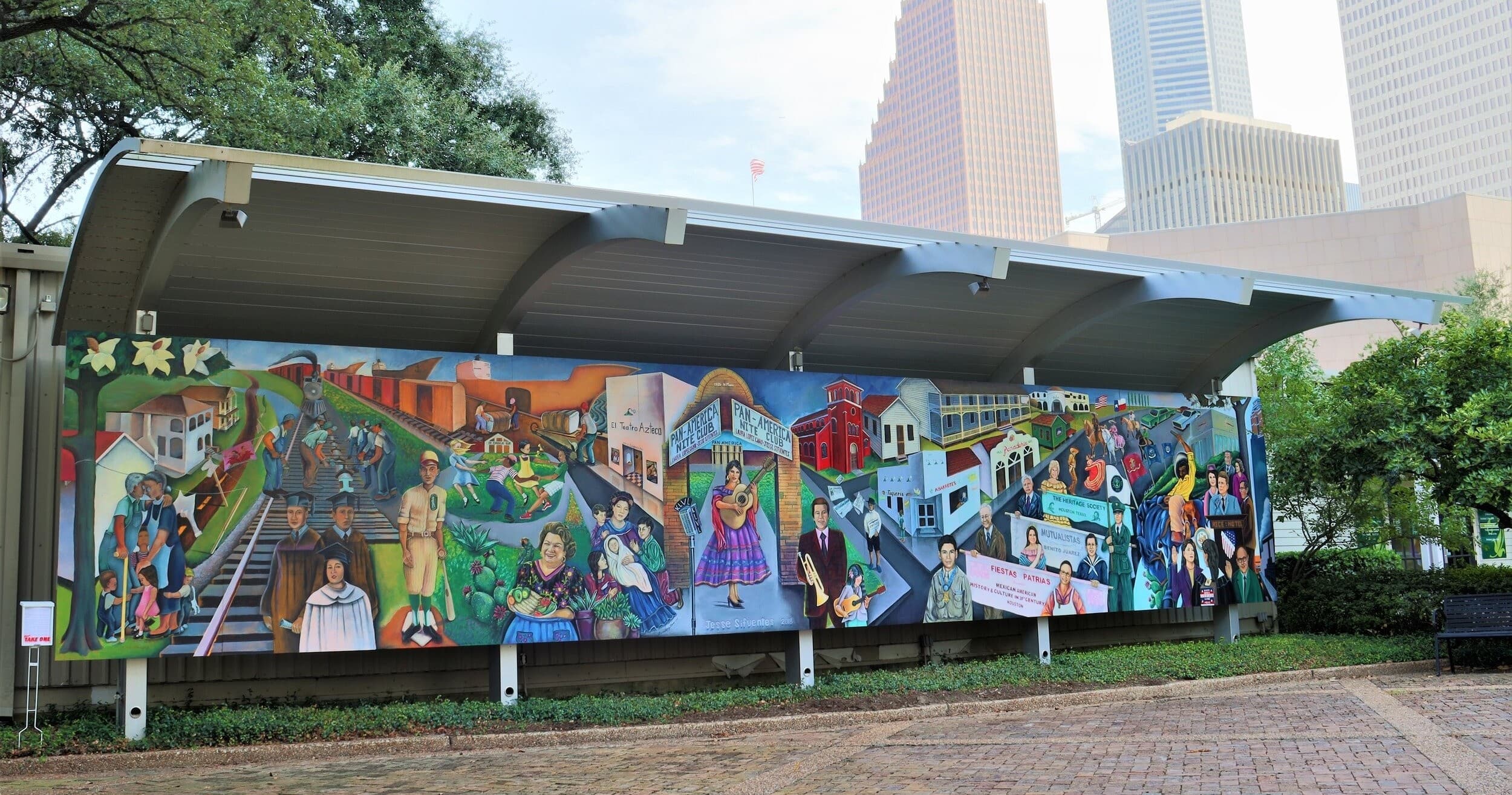 Colorful outdoor community mural at Sam Houston Park
