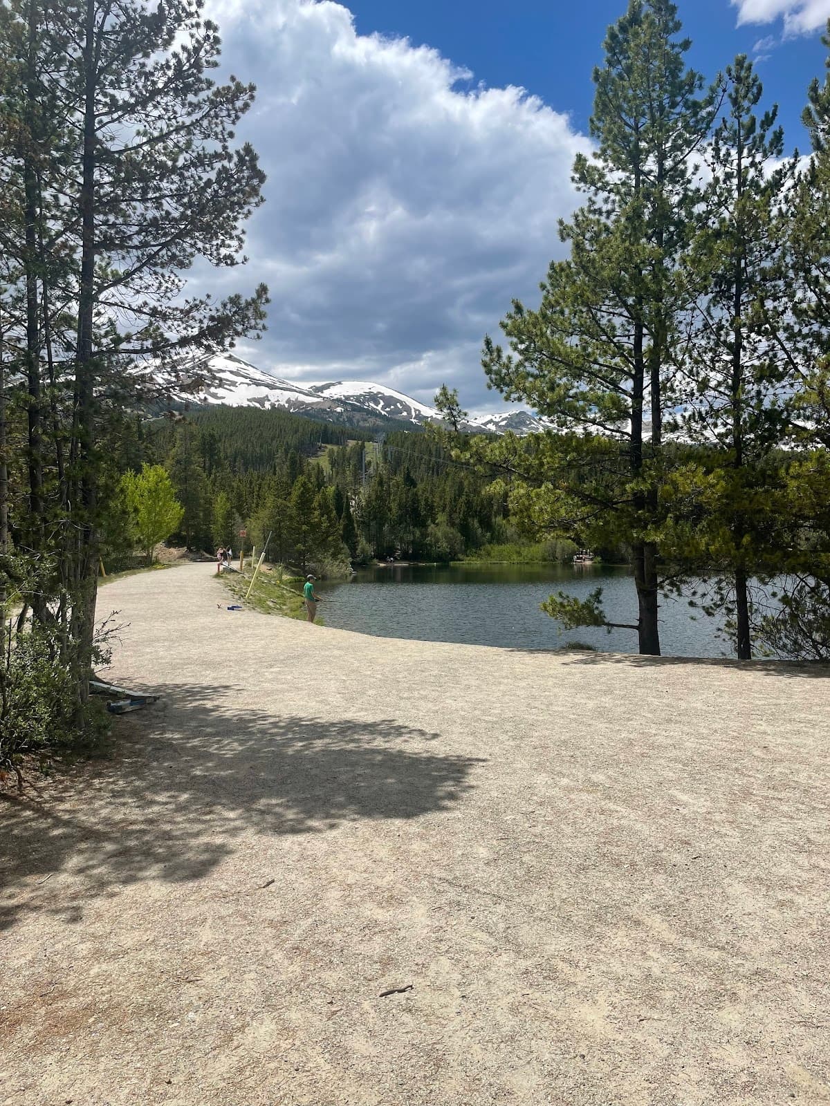 Scenic lakeside trail with pine trees and distant snow-capped peaks