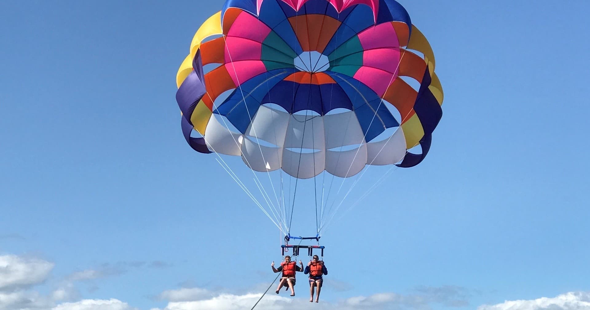 Front-facing parasail with two riders against clear sky