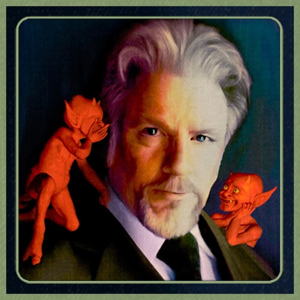 Man posing in studio portrait with red imp figurines on shoulders