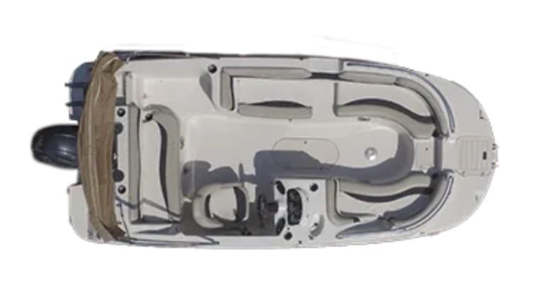 Overhead view of small bowrider boat interior and cockpit layout