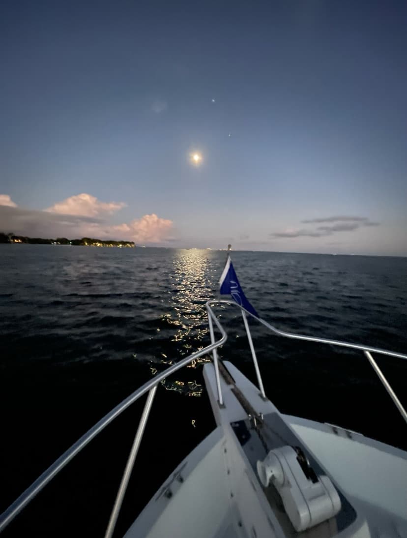 Boat bow facing moonlit horizon on serene nighttime ocean cruise