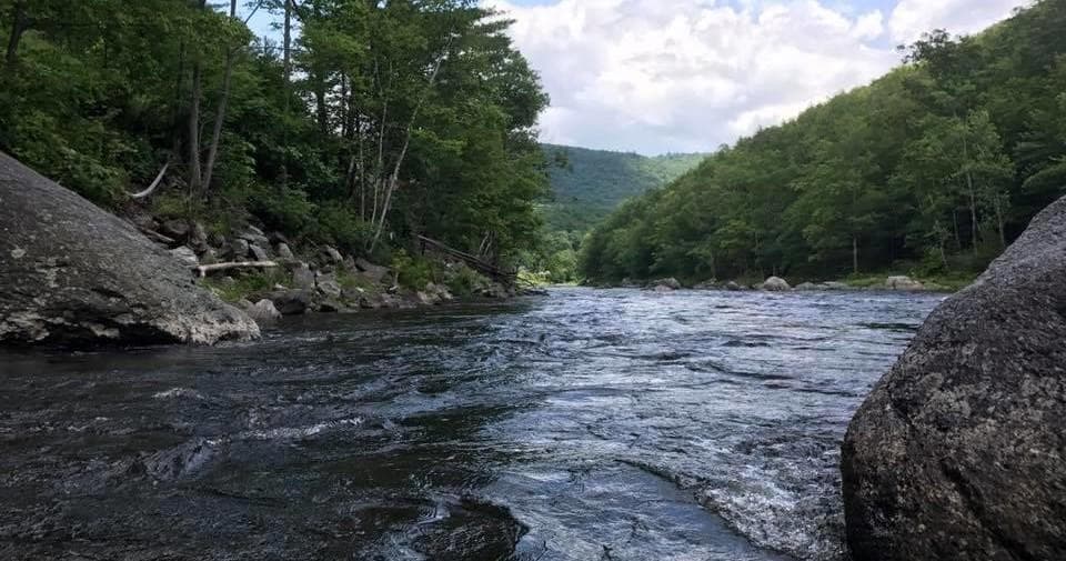 Scenic Deerfield River flowing through forested river gorge