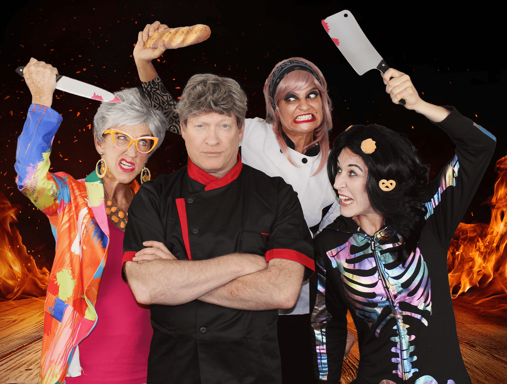 Themed murder-mystery cast posing with cleavers and fire