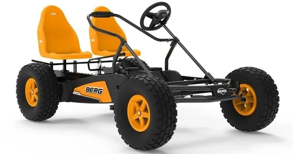 Two-seat off-road pedal kart on white background, family ride