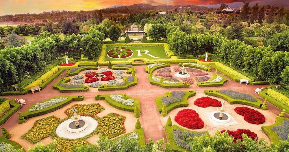 Aerial view of ornamental gardens and formal park landscape