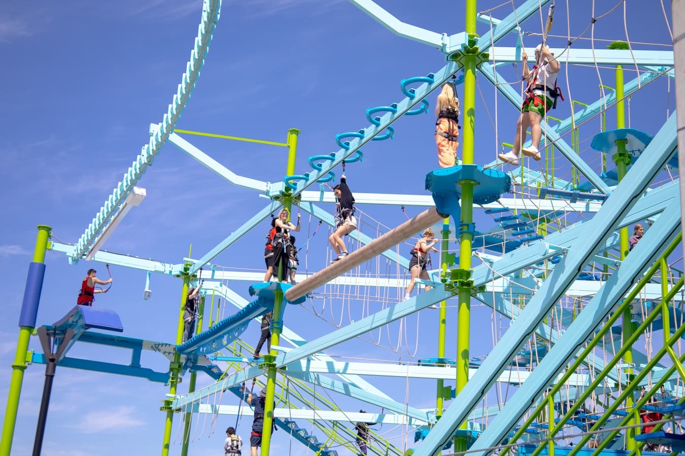 High ropes course participants navigating sky-high obstacles