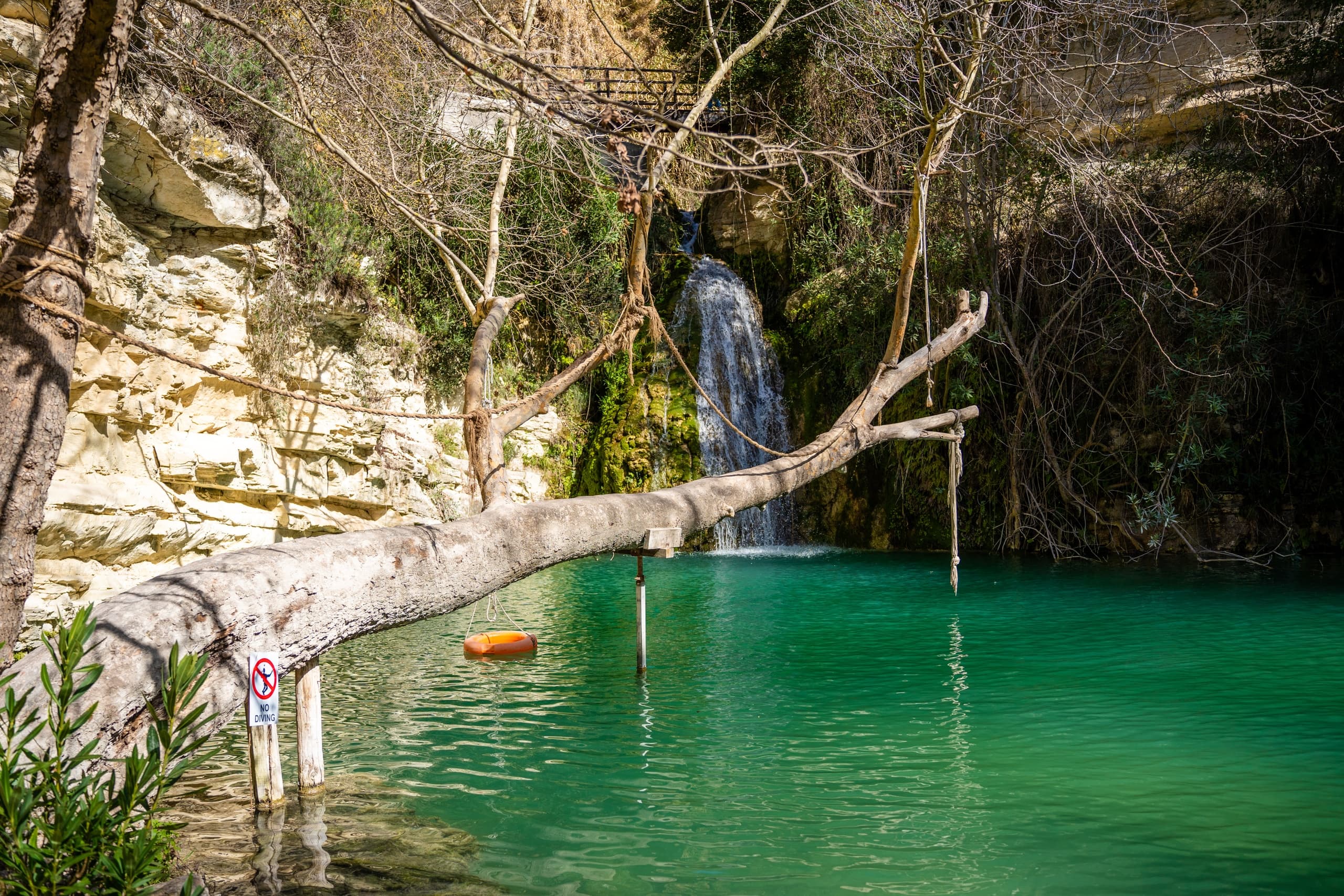 Turquoise waterfall pool with rope swing in rocky canyon