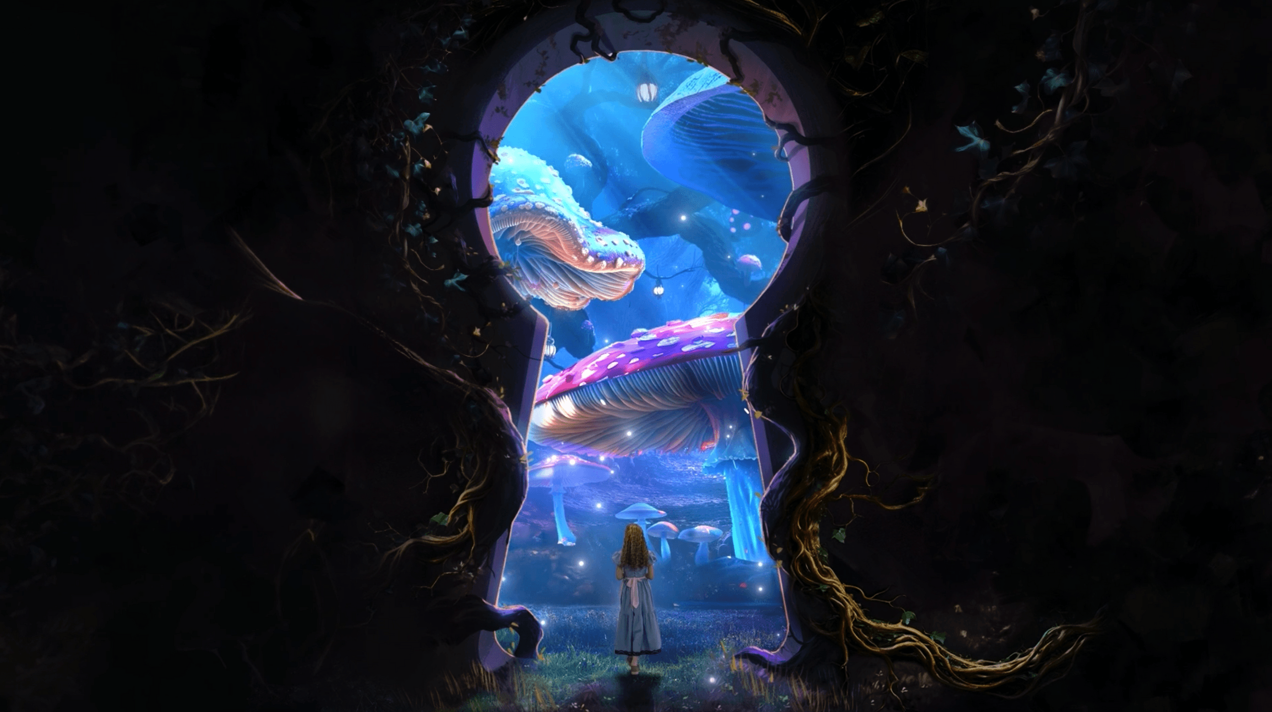 Surreal portal landscape illustration with explorer approaching keyhole