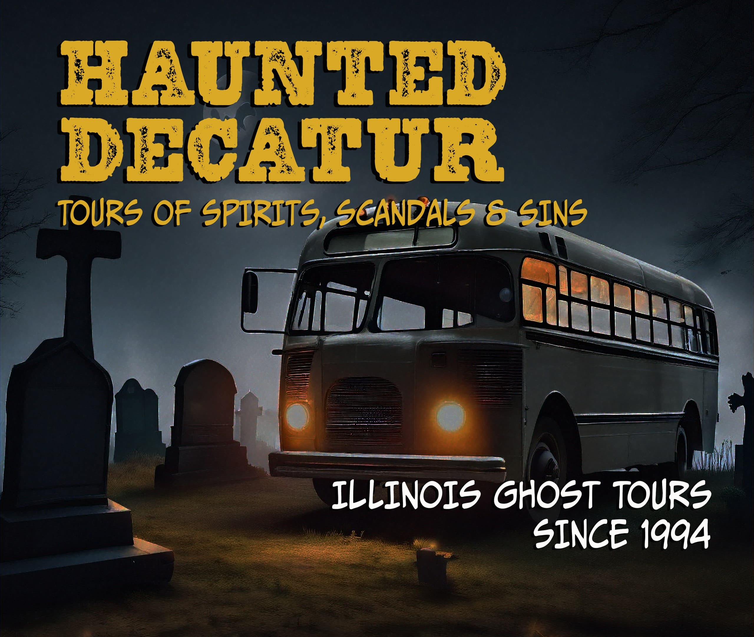 Haunted bus ghost tour at cemetery in Decatur, nighttime tour