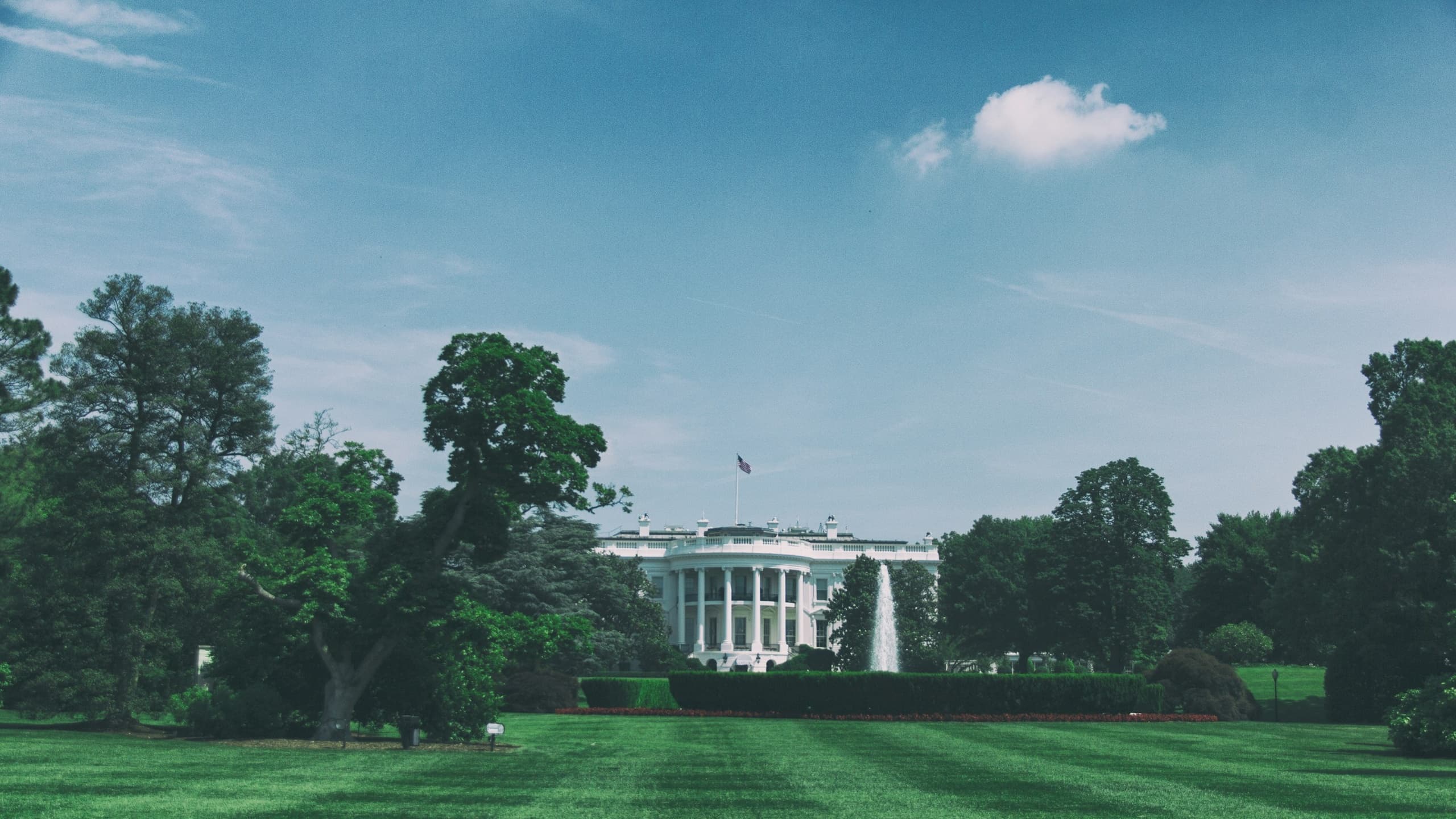 White House front lawn vista with flags and open green, Washington DC
