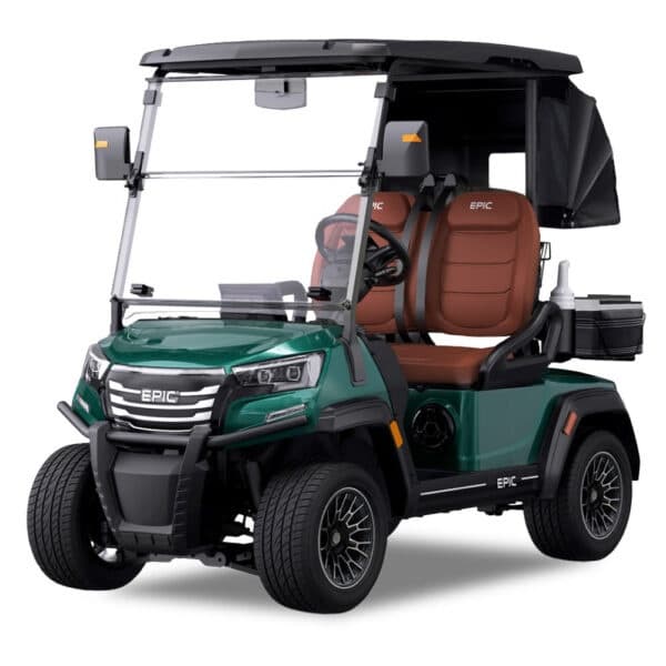 Green two-seat golf cart studio photo, premium leather seats