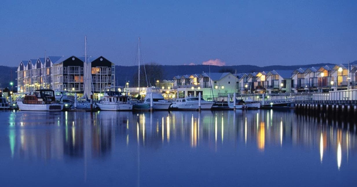 Marina at dusk with moored boats on Launceston waterfront