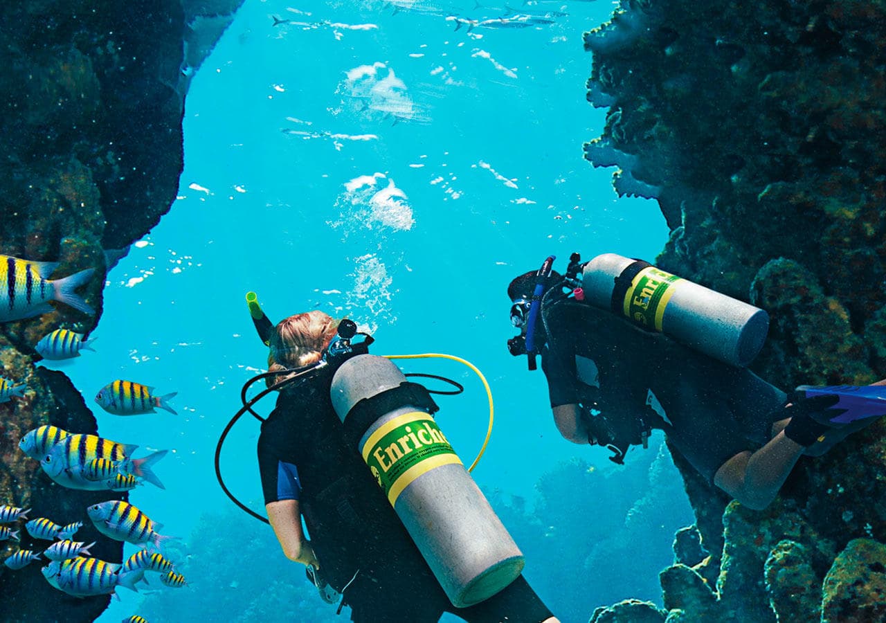 Two divers smiling at surface after tropical scuba dive