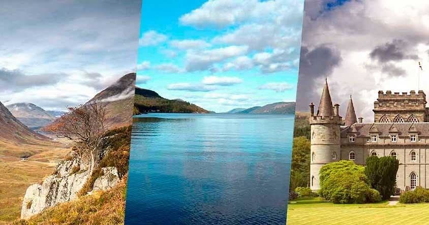 Loch, highland hills, and castle collage for scenic Scotland tours