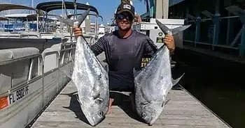 Angler displaying two large offshore fish on marina dock