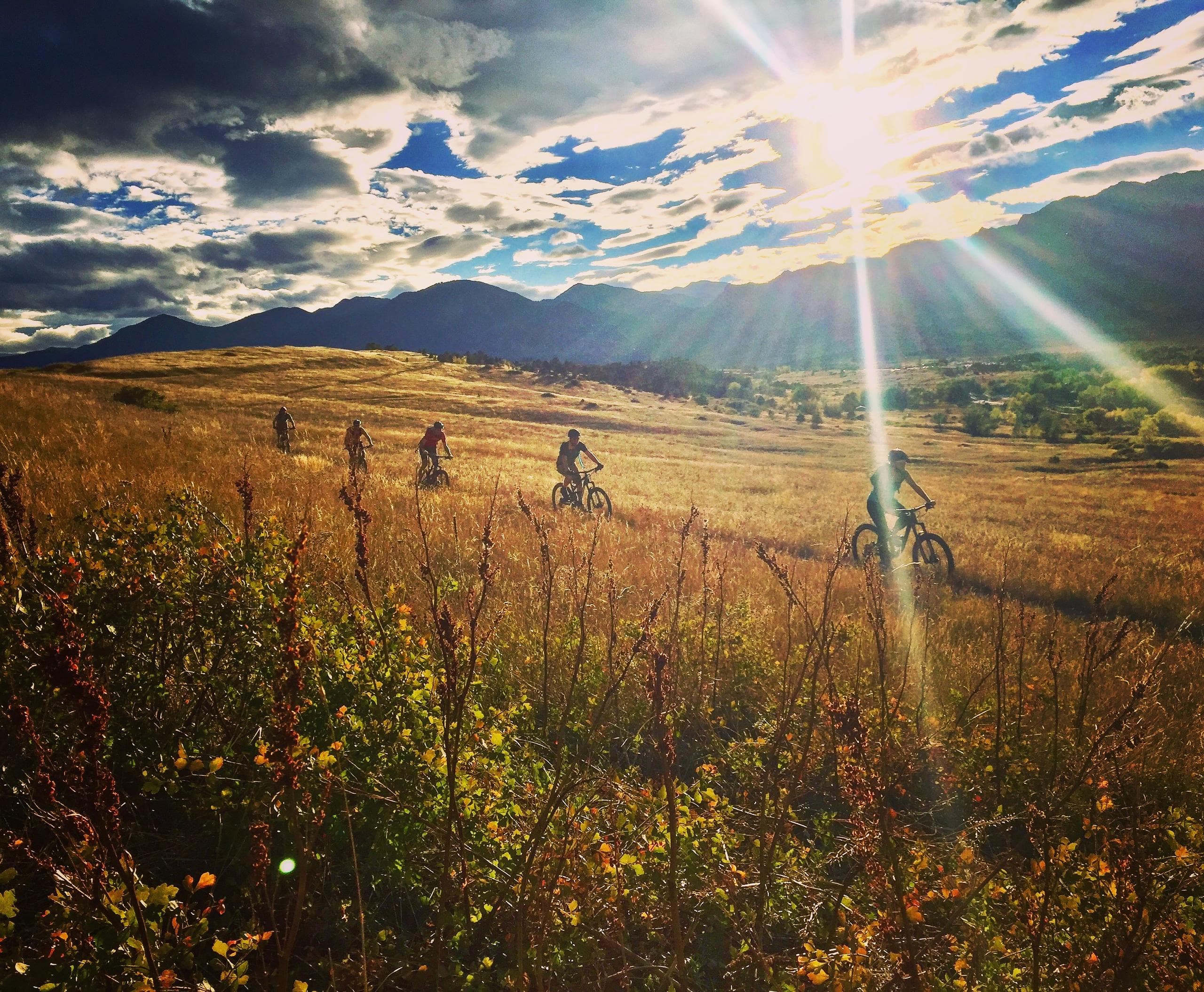 Group of cyclists riding through golden prairie with sunburst