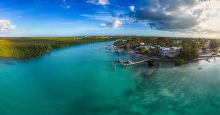 Coastal aerial tour over turquoise island in Florida Keys