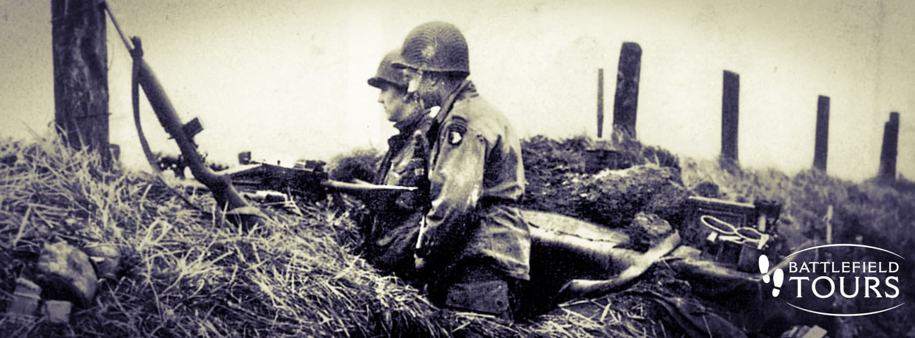 Soldier in WWI-style trench holding rifle on muddy battlefield