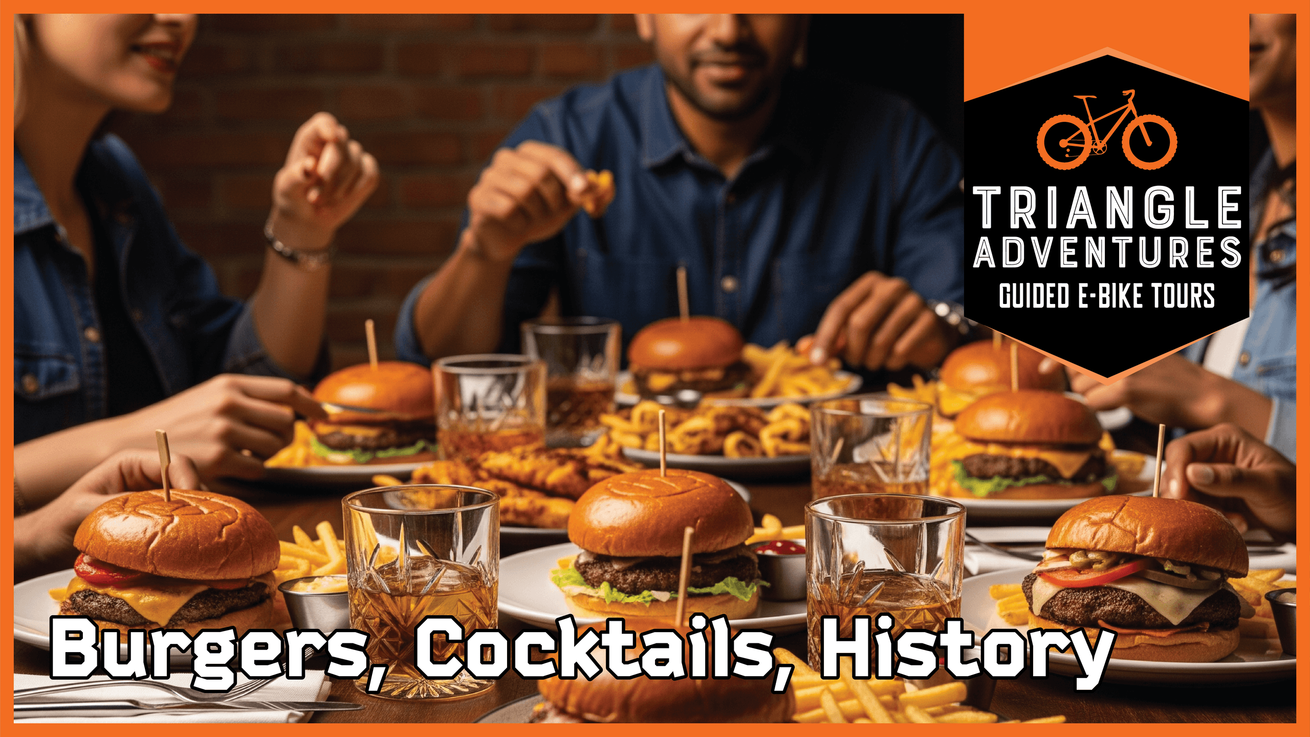 Group enjoying burgers and cocktails at casual tasting tour stop