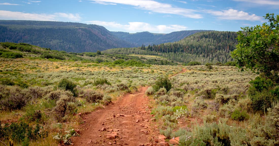 Red dirt trail winding through sagebrush and mountain valley