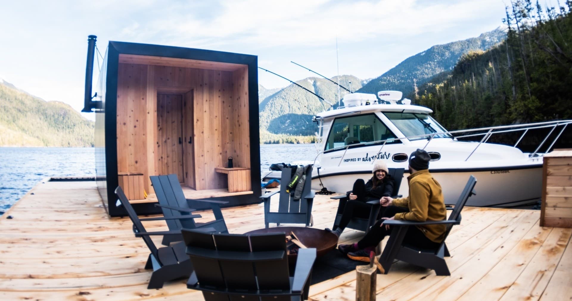 Floating dock seating and moored boat at marina retreat