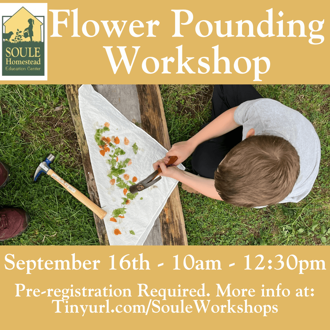 Child pounding flowers onto fabric outdoors on grass at workshop