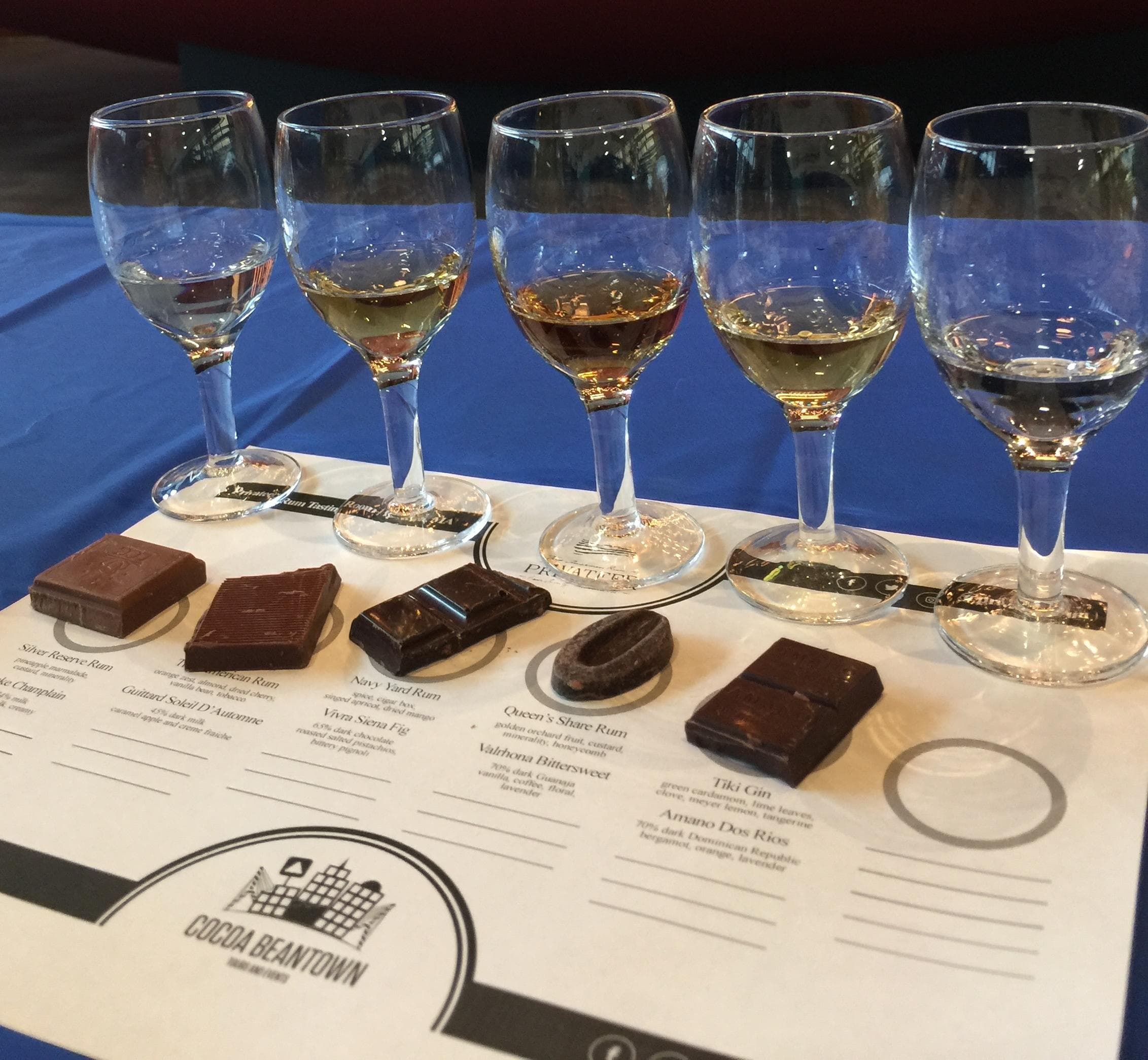 Chocolate tasting flight with samples at indoor tasting event