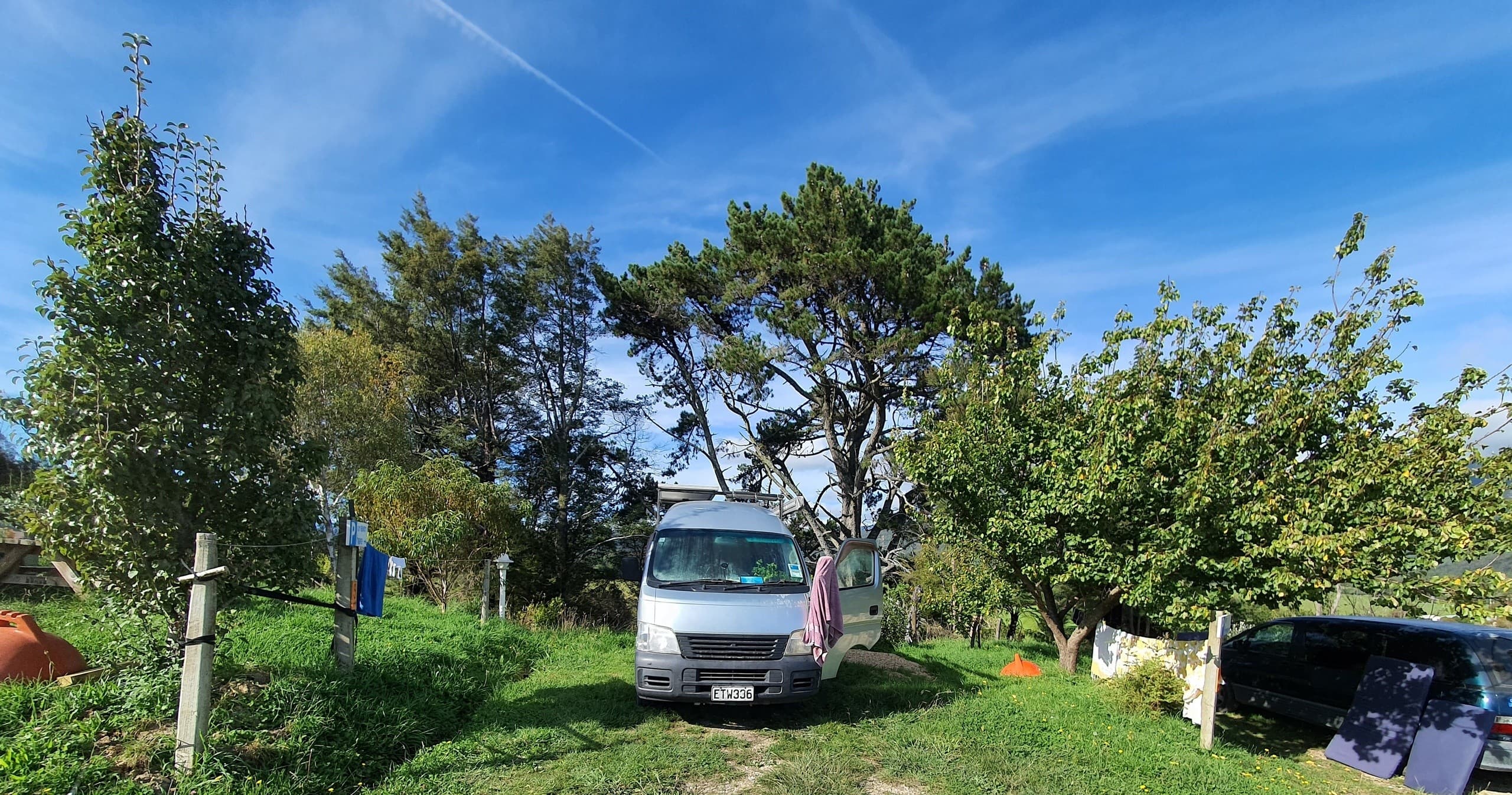 Campervan parked at green campsite under blue sky and trees