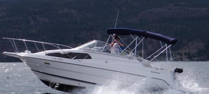 Cabin cruiser skidding through choppy water near forested shore