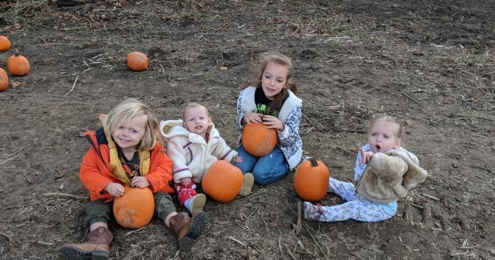 Children holding pumpkins at farm pumpkin patch during harvest
