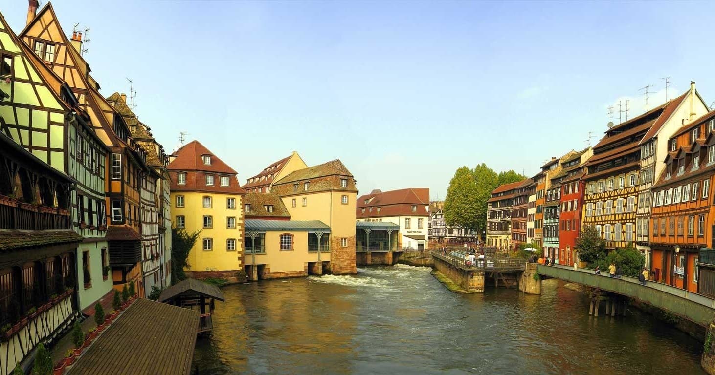 Picturesque canal and timbered houses in Strasbourg's Petit France