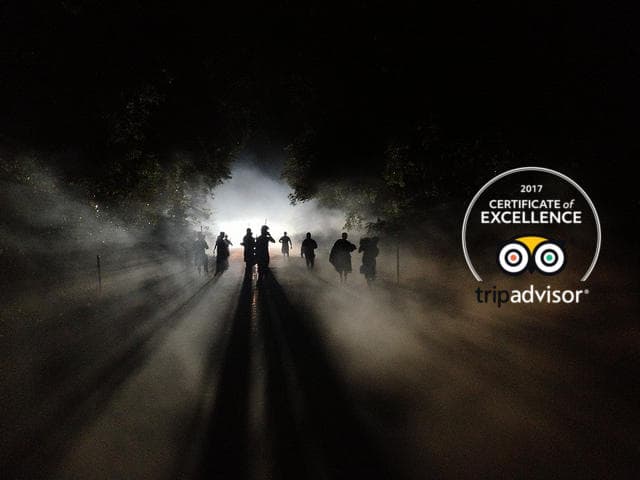 Silhouetted figures walking through foggy Hawaiian night street
