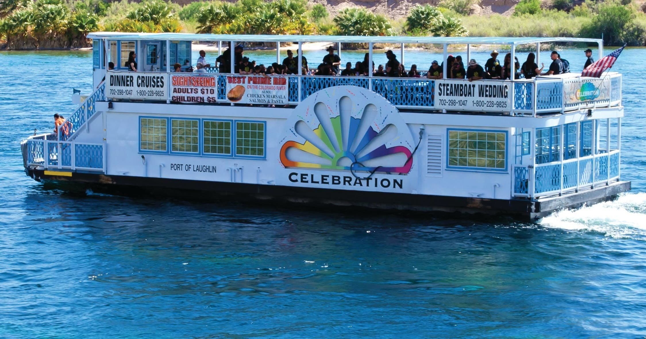 Crowded celebration riverboat sightseeing tour on Laughlin Colorado River