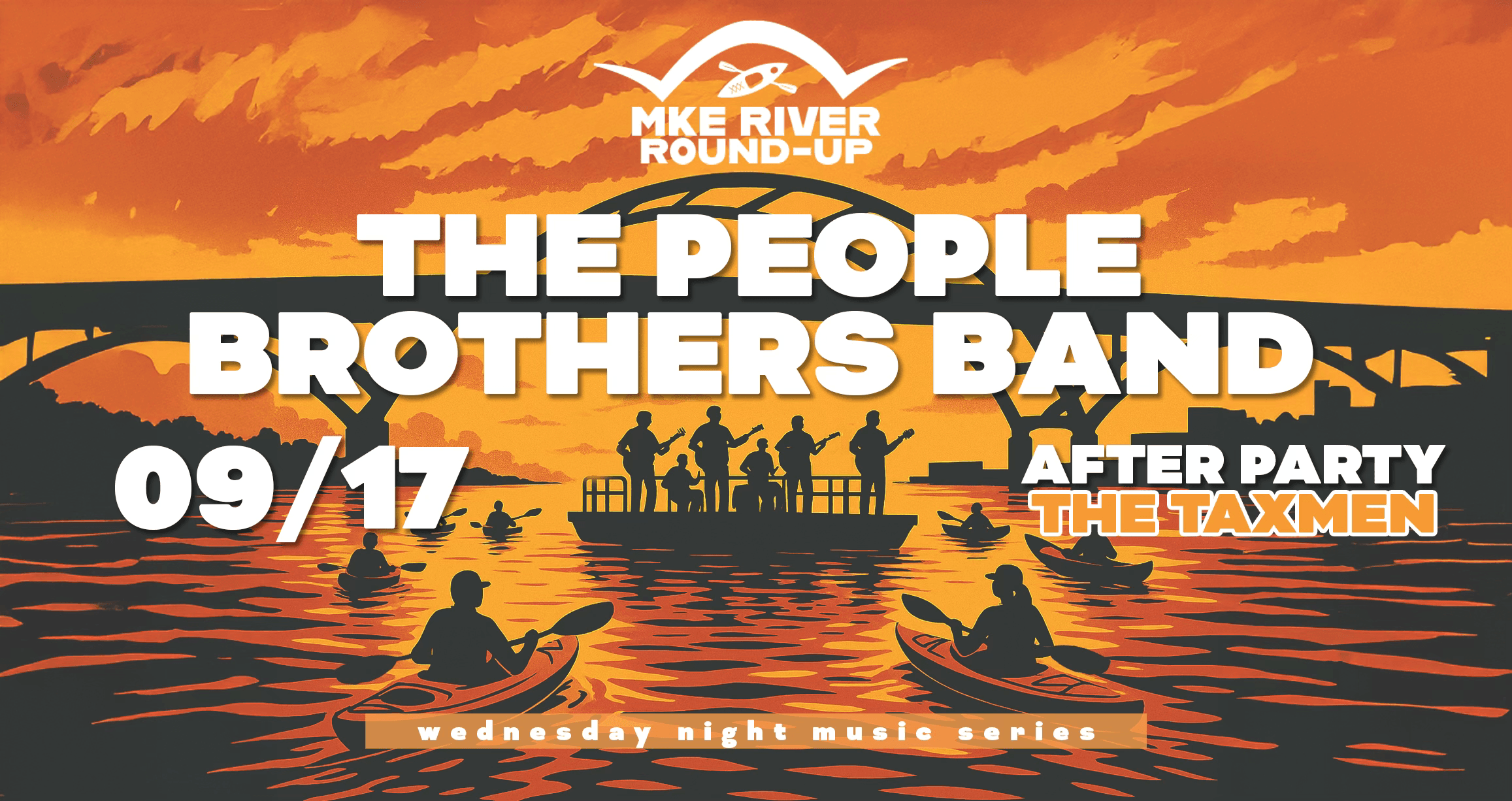 Orange sunset with kayakers and floating concert on Milwaukee River