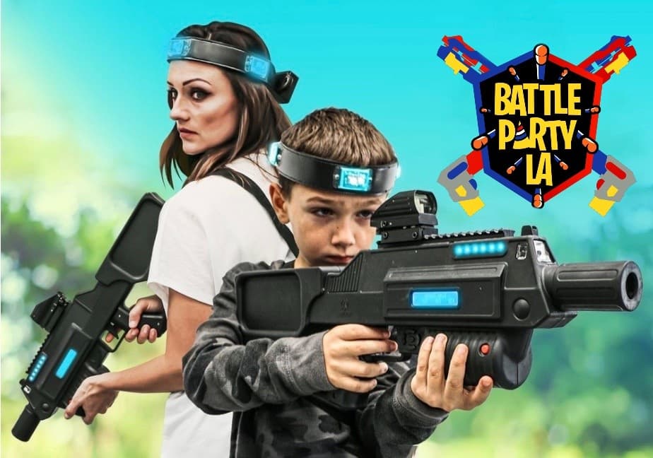 Kids laser tag combat scene with blasters, outdoor greenery background