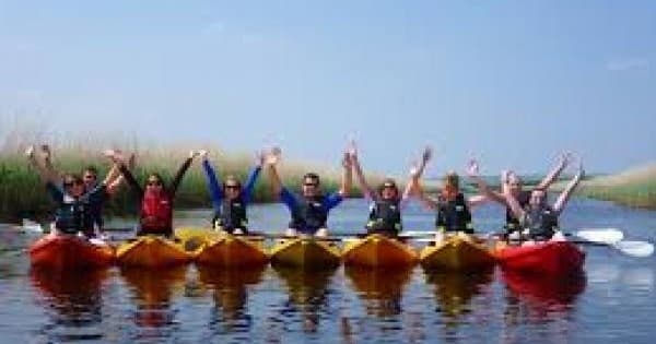 Group canoe trip gliding along calm wooded river in summer