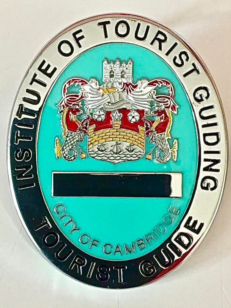 Licensed Cambridge city tour guide badge indicating guided walking tours