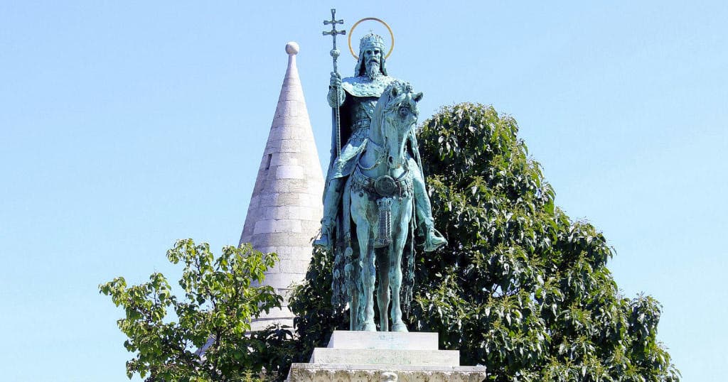 Equestrian statue against blue sky at Fisherman's Bastion area, Budapest