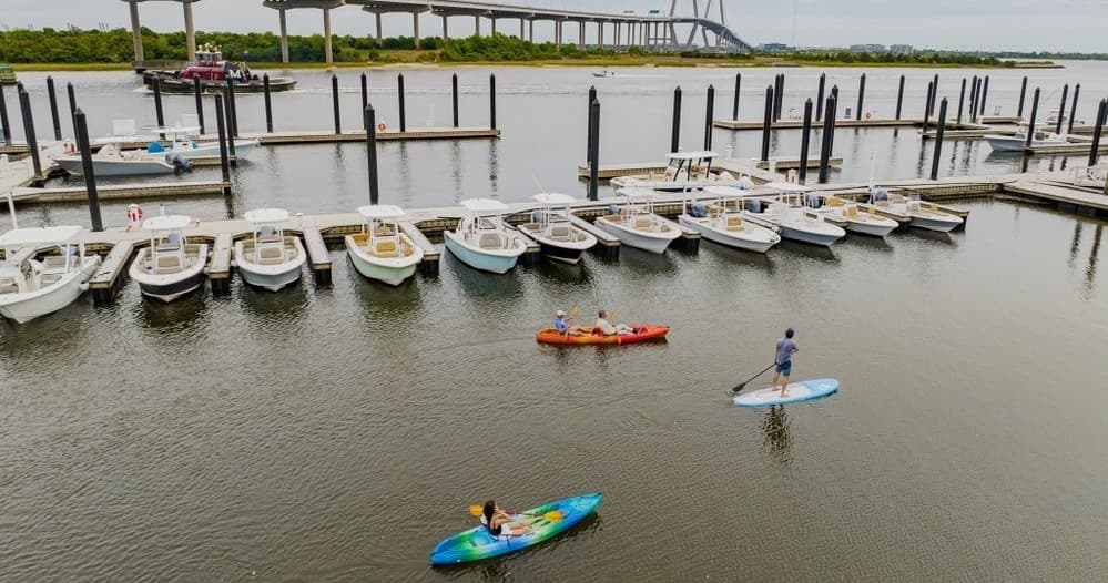 Kayaks and paddleboards near marina with bridge in background