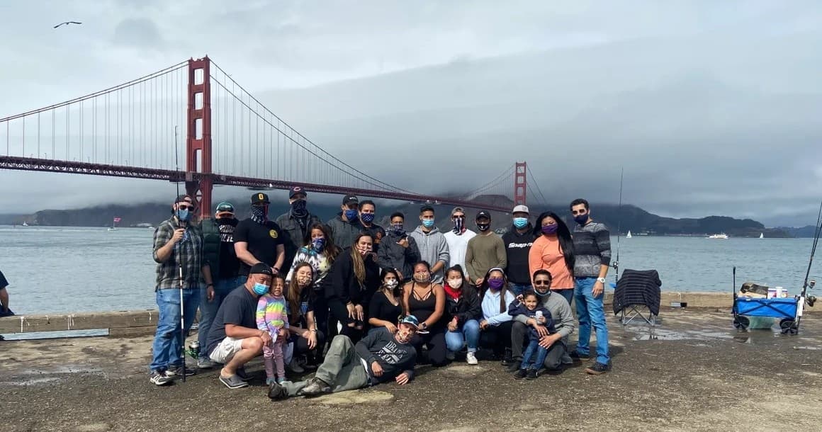 Group crabbing outing by Crissy Field with Golden Gate Bridge